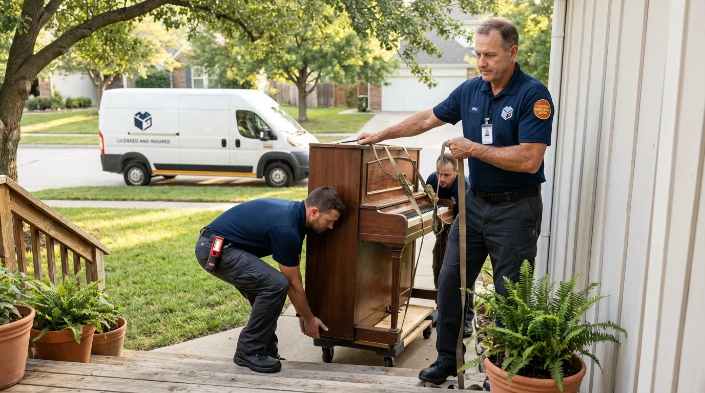 Licensed piano movers securing grand piano in Huntertown, IN