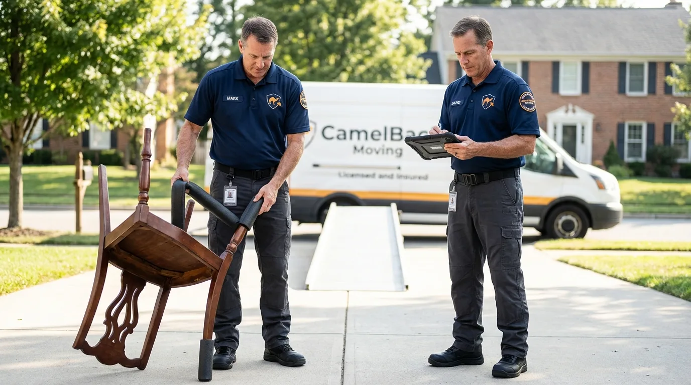 Movers inspecting furniture for damage prevention before loading in Huntertown, IN