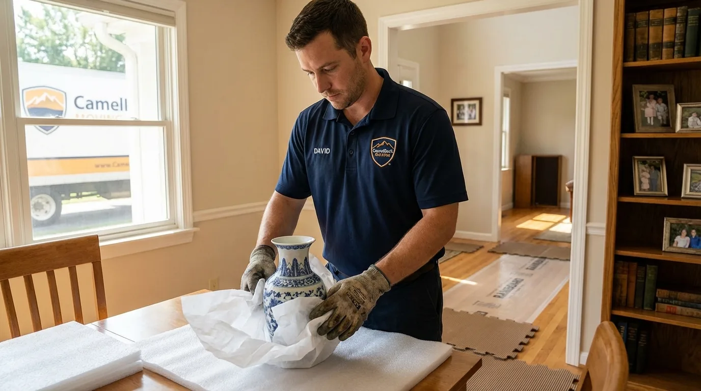 Professional crew carefully wrapping antique vase for senior downsizing move in Huntertown, IN